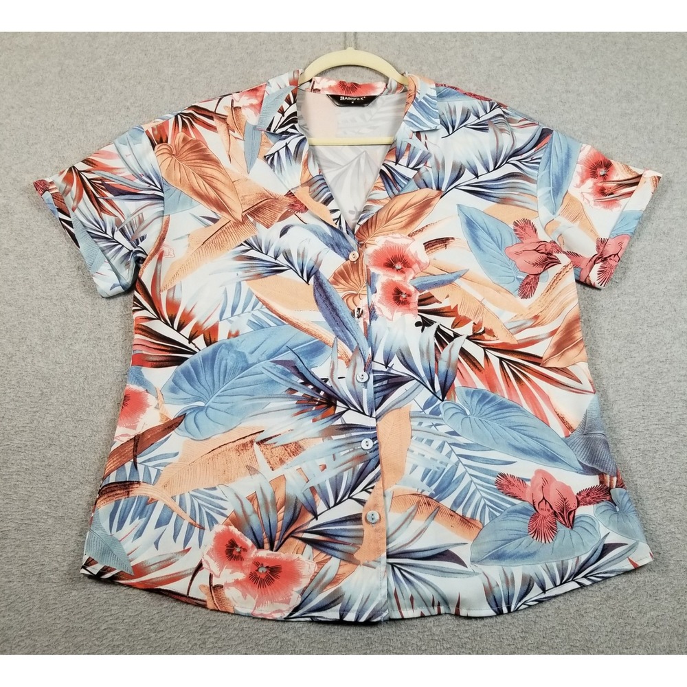 Allegra K Button Up Shirt Womens M Medium Blue Pink Floral Hawaiian Tropical Top